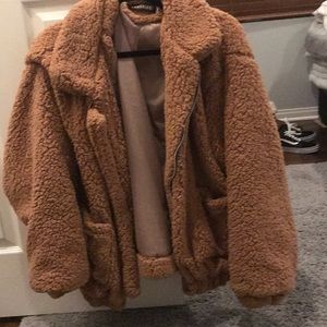 light brown fuzzy bomber jacket